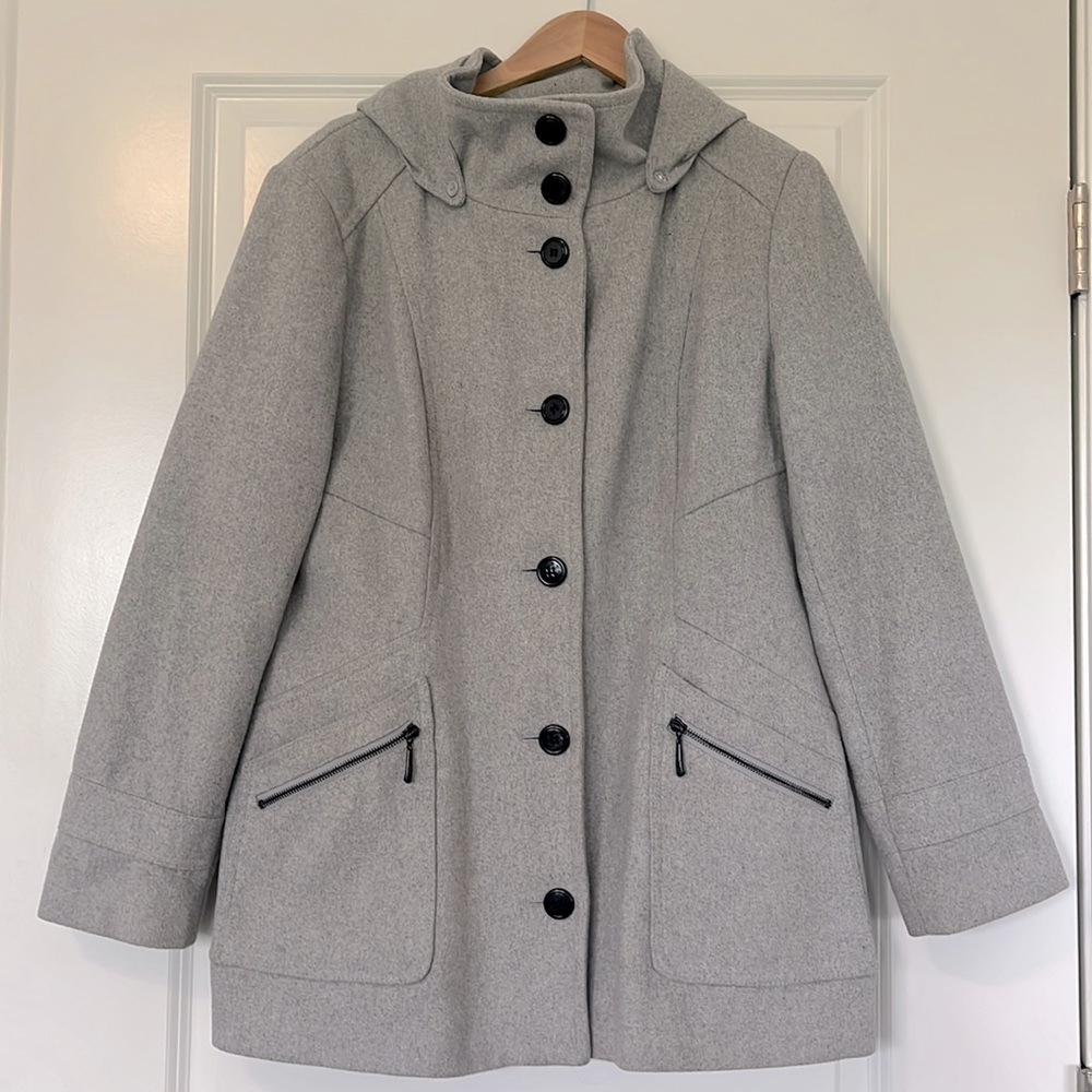 New York & Company Gray Mid Length Pea Coat w/ Black Hardware and Removable Hood